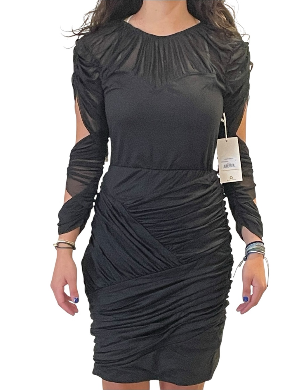 Serena Landry Dress, Black Ruched Mini, Mesh Cut-Out Long Sleeve, Size S, NWT